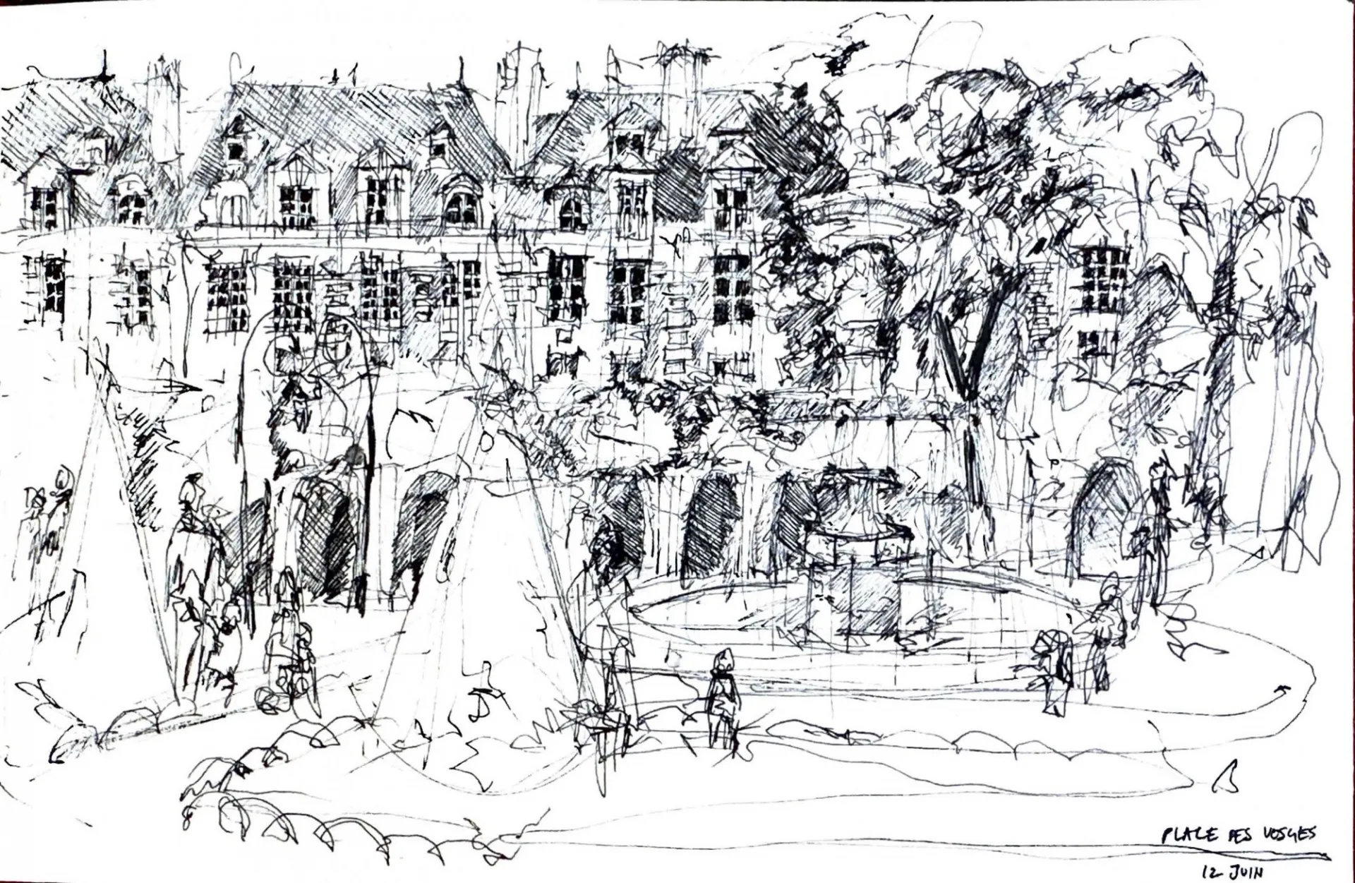 Lucie Lin, Place des Vosges, ink study, summer 2024.