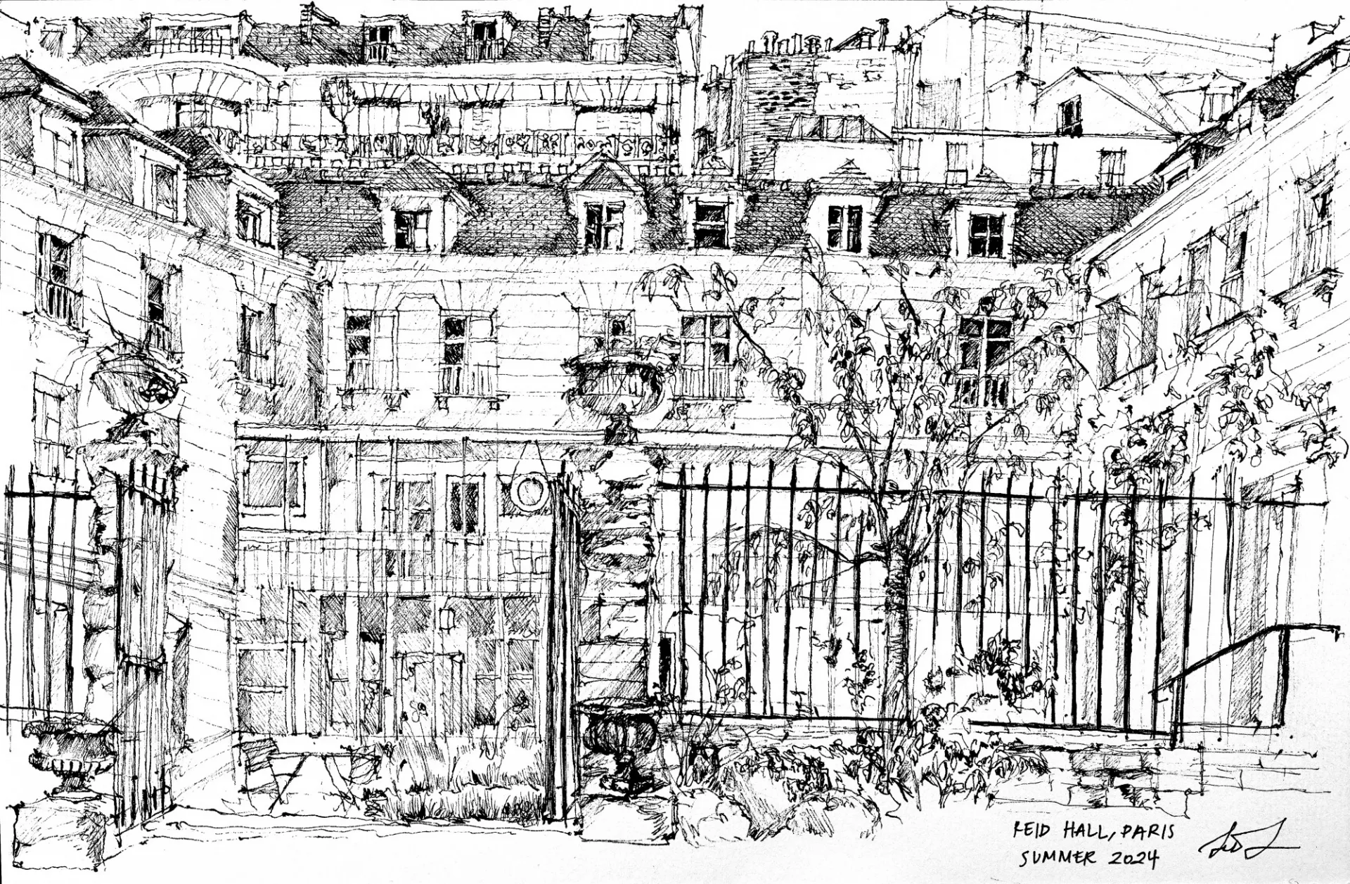 Lucie Lin, ink study of Reid Hall's courtyard, summer 2024