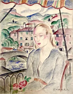 Ethel Mars, "Femme au Balcon devant un village," print, n.d. 