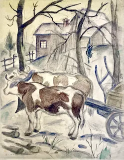 Ethel Mars. "Attelage de Boeuf," etching, n.d.