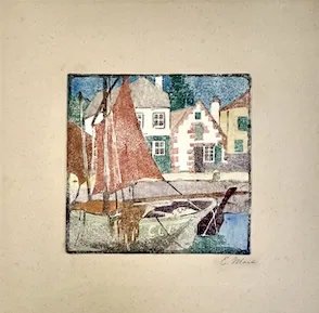 Ethel Mars. "Bâteaux de pèche à Concarnau," etching, n.d.