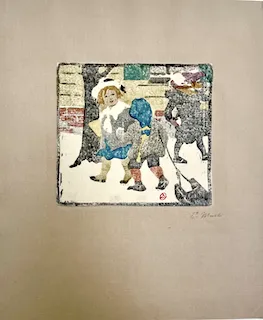 Ethel Mars. "Enfants dans la neige" etching, n.d.
