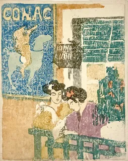Ethel Mars. "Femme à l'éventail devant une affiche Conac," etching, n.d.