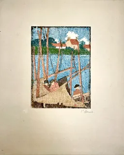 Ethel Mars. "Filets séchants," etching, n.d.