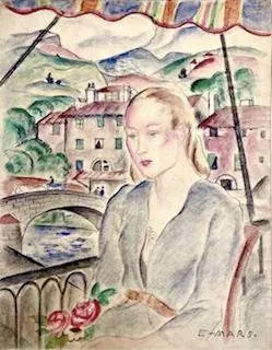 Ethel Mars, "Femme a balcon devant un village," watercolor, c. 1930s-1940s. INHA