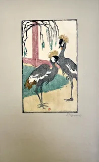 Ethel Mars, Crowned Cranes, block print, c. 1904