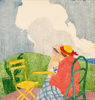 Ethel Mars, "La Terrasse,"color wood block print, c. 1913. Whitney Museum of American Art.