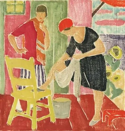 Ethel Mars, "Dressing Room," white line color wood cut print, c. 1920. Evaul, "Pioneers of the Provincetown Print," p. 24