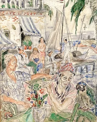 Ethel Mars, "Café du Port," mixed media, c. 1940s. Columbia University Art Properties