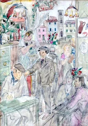Ethel Mars, Café scene, mixed media, c. 1940s. Columbia University Art Properties