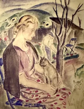 Ethel Mars, woman with cats (untitled), mixed media, c. 1939-1945. Ryan, p. 19