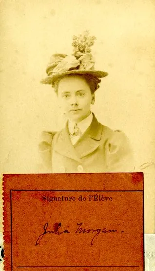Photo of Julia Morgan on her ID for the École des Beaux Art, c. 1898.