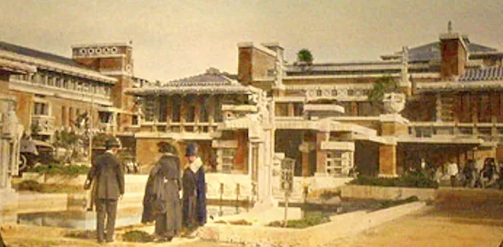 Main entrance and reflecting pool of Wright's Imperial Hotel. Vintage hand-colored magic lantern slide from the YWCA World Tour of 1922-1923. The Wright Library.