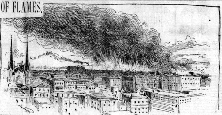 Gertrude Partington, illustration for an article regarding a fire in San Francisco. The Examiner, June 28, 1895, p. 1