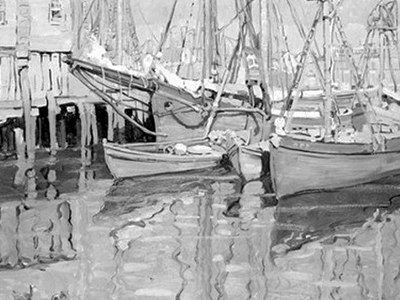 Jane Peterson, “Fishing Boats, Gloucester,” ca. 1915-1920, oil on canvas. Brooklyn Museum