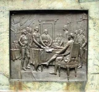 Thomas Ball, "Benjamin Franklin with Declaration of Independence," side panel of the Benjamin Franklin sculpture, Boston, Mass., 1856-1857, bronze