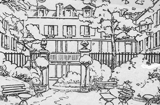Esther Dumas, view from Reid Hall's second garden, ca. 1928, woodblock print. RH archives Esther Dumas, view from Reid Hall's second garden, ca. 1928, woodblock print. RH archives