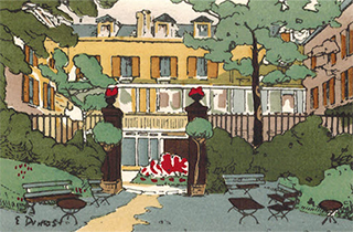Esther Dumas, view from Reid Hall's second garden, ca. 1928, woodblock print. RH archives Esther Dumas, view from Reid Hall's second garden, ca. 1928, woodblock print. RH archives