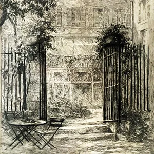 Alice Rumph, view from Reid Hall's second garden, drawing. RH archives