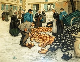 Tavík František Šimon, "Breton Clog Sellers," 1911, color aquatint. RH Archives Tavík František Šimon