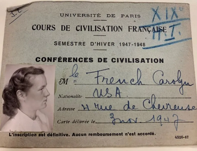 University of Paris ID card for Carolyn French, Winter 1947-1948 (Smith College Archives
