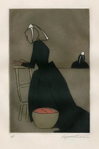 Augusta Rathbone, woman praying in Brittany, n.d., etching aquatint. Fort Wayne Museum of Art 