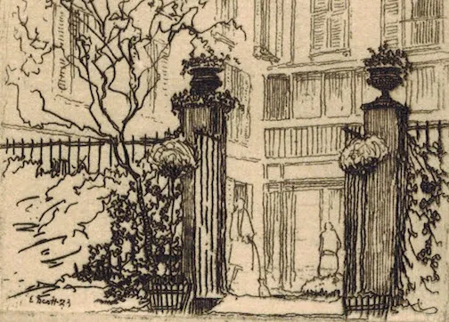 Reid Hall courtyard, signed E. Scott, 1933