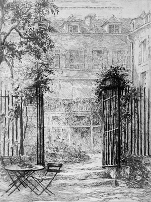 Alice Rumph, “Courtyard of 4 rue de Chevreuse,” ca. 1900, etching. Columbia University Art Properties. Alice Rumph, “Courtyard of 4 rue de Chevreuse,” ca. 1900, etching. Columbia University Art Properties