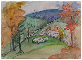 Eugenie Shonnard, Faramhouse in Hot Springs, Virginia, 1958, watercolor pigment on paper. New Mexico Museum of Art