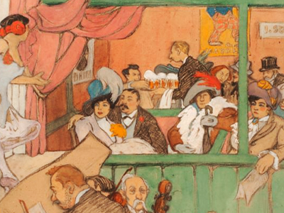 Maud Hunt Squire, “Au Casino de Montmartre,” 1913, gouache, watercolor, and crayon on board. Bernard Goldberg Fine Arts