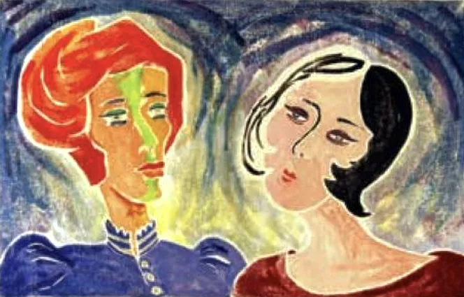 Bill Evaul, portrait of Mars and Squire, white-line color woodcut, 2009, Shuebrook, p. 86