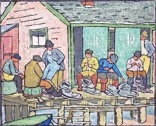 Maud Hunt Squire, "Baiting Up," color wood block print, c. 1917-1918. Shadowland, p. 7