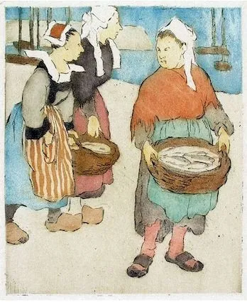 Maud Hunt Squire. "Le Panier de poissons," etching, 1907. Musée Breton 