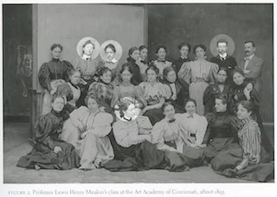 A class photo of the Art Academy of Cincinnati around 1895. Mars and Squire are in the back row, second and third from the left. The teacher is landscape artist L.H. Meakin, second in from the right in back. Sitting third from the left is Edna Boies Hopkins. Image from "Edna Boies Hopkins: Strong in Character, Colorful in Expression."  Cincinnati Public Library