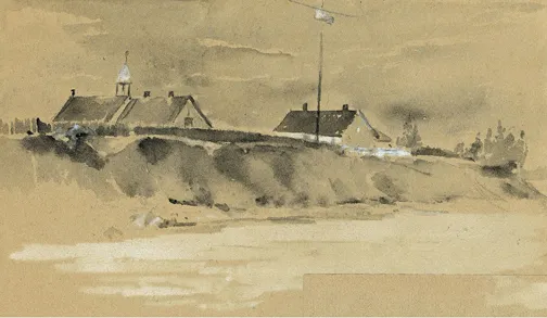Elizabeth Taylor, The Anglican cathedral and mission house at Fort Simpson seen from the river, sketch 1892. Reprinted in Vanast 2011, p. 218.