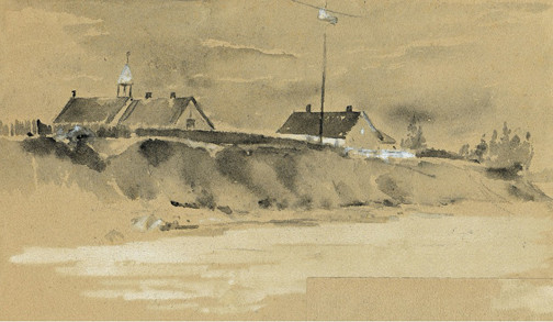 Elizabeth Taylor, The Anglican cathedral and mission house at Fort Simpson seen from the river, sketch 1892. Reprinted in Vanast 2011, p. 218.
