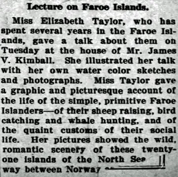 Review on one of Taylor’s Faroe Island lectures, Montclair Times, April 16, 1910, 5