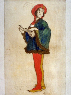 Marion Holden Pope, “The Minstrel,” 20th century, colored etching. Fine Arts Museums of San Francisco.