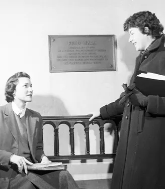 Students inside entrance to Reid Hall, 1950s Photograph retrieved from 