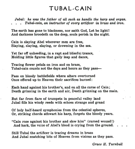 A religious poem about a Hebrew descendant of Cain from the book of Genesis which Turnbull published in The Art World in 1917, p. 312