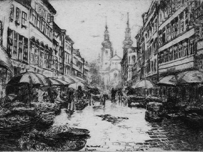 Emily Burling Waite, “Market in Prague,” undated, etching, Smithsonian American Art Museum