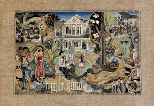 Marguerite Zorach, “My Home in Fresno around the Year 1900,” 1949, wool embroidered on linen. Smithsonian American Art Museum.