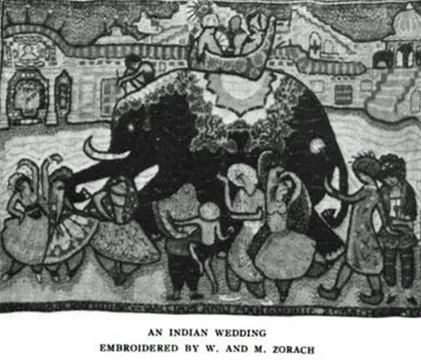 Tapestry depicting an Indian wedding, embroidered by William and Marguerite Zorach, ca. 1917. Reproduced in International Studio, volume LXI, number 241, March 2017, p. xxix.