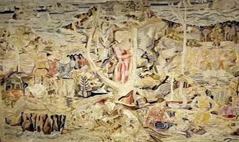 Marguerite Thompson Zorach, “The Family of John D. Rockefeller, Jr. at their Summer Home, Seal Harbor, Maine 1929-1932," ca. 1932, tapestry. (Mount Desert Islander)