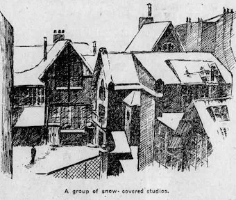 Drawing of Studios in the Latin quarter (presumably by Thompson) included her article on the Montparnasse neighborhood in The Fresno Morning Republican, 01/24/1909, p. 10