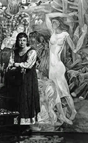 Marguerite Zorach in front of her painting, "Land and Development of New England," 1935, Smithsonian Archives of American Art