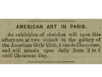 Notice about the annual AWAA exhibition opening, The New York Herald European edition, December 11, 1896, p. 3. Gallica.