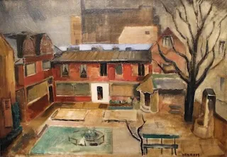 Copy of a 1918 painting by a Dutch artist depicting 17, rue Boissonade. It was actually a charming, quiet cour carrée housing several apartments and artists' studios, which gives a wonderful visual sense of the spatial environment where these workshops and gatherings took place. Provided by Yann Ballanger.