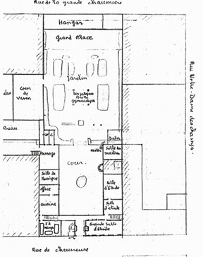 Sketched map of the grounds of the Institution Keller by Gustave Keller, ca. 1954 (Reid Hall archives)
